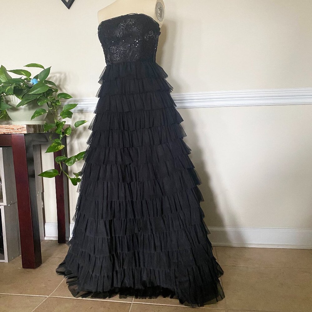 Black lace maxi prom dress with ruffled layers and sequins. Size 3/4